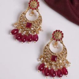 Panash Gold Plated Contemporary Stone Studded & Beaded Chand Bali Earrings-17