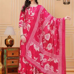 Da Vastraagaar Floral Printed Notch Neck Pure Cotton Anarkali Kurta With Trouser & Dupatta-29