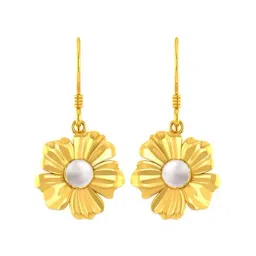 P.C. Chandra Jewellers 14k Yellow Gold Flower-Shaped with Petals & A Pearl In Between Drop Earrings for Women & Girls-14