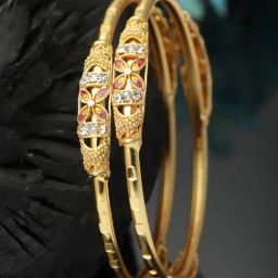 Zeneme Gold Plated CZ Studded Flower Bangles for Women & Girls Set of 2-24