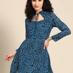 DODO & MOA Blue Floral Tie-Up Neck A-Line Dress-picture-38