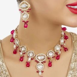 Zaveri Pearls Pink Beads Dazzling Austrian Diamonds Stones Ethnic Necklace & Earring Set for Women-0