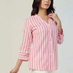 Mustard White & Pink Striped Casual Shirts-picture-1