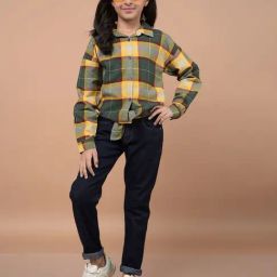 Crimsoune Club Girls Yellow Cotton Slim Fit Chequered Shirt-image-87