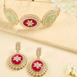 Zaveri Pearls Pink Mint Green Meenakari Dazzling Stones Choker Necklace & Earring Set for Women-16