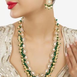 Zaveri Pearls Green Beads Mother of Pearls Inspired Stones Diamonds Necklace & Earring Set for Women-picture-2