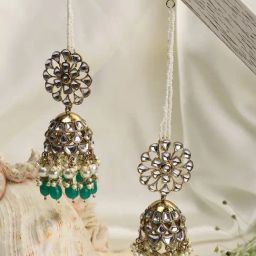 Priyaasi Green White Pearls Beads Kundan Gold-Plated Floral Chained Jhumki Earrings-picture-40