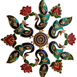 Kala Samarpan Green & Red Peacock Shaped Rangoli Sticker With Centerpiece-33