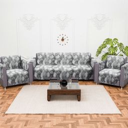 RUBOXA Grey & White 16 Pieces Self Design Cotton 5 Seater Sofa Cover With Arms-11