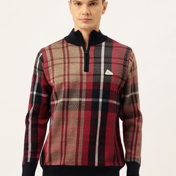 Monte Carlo Checked Mock Collar Woollen Pullover with Half Zip Opening-picture-33