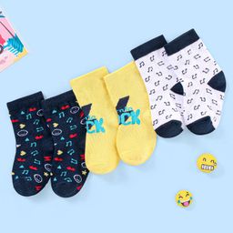 Cute Walk By Babyhug Non Terry Cotton Knit Ankle Length Anti Bacterial Socks Musical Note Design Pack of 3 - Blue Yellow & Grey-image-2