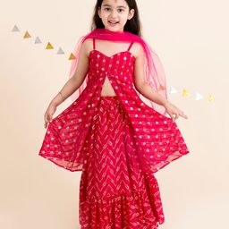 Pspeaches Sleeveless All Over Flower Detailed Sequin Embellished Front Slit Long Kurta With Seamless Chevron Designed Flared Lehenga & Dupatta - Magenta-image-42