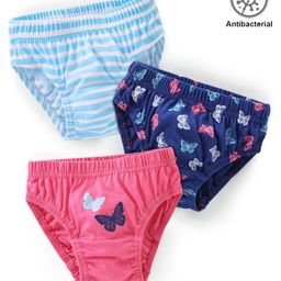 Babyhug 100% Cotton Knit Antibacterial Panties Stripes & Butterfly Print Pack of 3 - Pink & Blue-picture-20