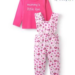 Babyoye Eco Conscious 100% Cotton Knit Floral Printed Dungaree with Full Sleeves Inner T-Shirt - Pink-image-90