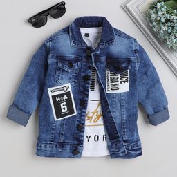 Ministitch Full Sleeves Patch Detailed Denim Jacket With Text Printed Tee - Blue-image-65