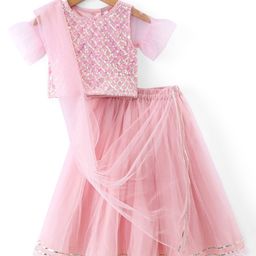 Babyhug  Short Sleeves  Choli   Lehenga Set &   Dupatta  with Sequence Detailing- Pink-image-5