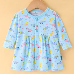 Child World Interlock Knit Full Sleeves Front Open Frock with Dino Print - Sky-image-55
