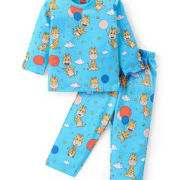 Babyhug Cotton Knit Full Sleeves Night Suit With Giraffe Print - Blue-image-16