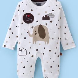 Mini Taurus Cotton Knit Full Sleeves Sleep Suit with Elephant Print & Text Patch- Brown-image-89
