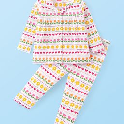 Babyhug Cotton Knit Full Sleeves Front Open Floral Printed Night Suit - White-image-61