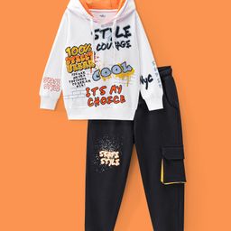 Ollington St. 100% Cotton Knit Full Sleeves Hooded Sweatshirt & Joggers Set With Street Art Print - White-image-4