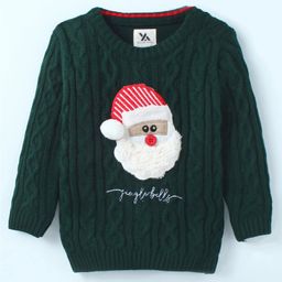 Yellow Apple Knitted Full Sleeves Cable Knit Designed Pullover Sweater with Santa Patch & Applique- Dark Green-image-93