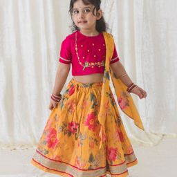Tiber Taber Cotton Silk Half Sleeves Floral Embroidered Choli With Lace Embellished Lehenga & Dupatta Set - Yellow-image-92