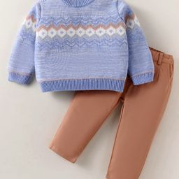 ToffyHouse Knit Full Sleeves Winter Wear Designed T-Shirt & Lounge Pant Set - Light Blue & Brown-image-72