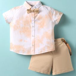 ToffyHouse Poplin Woven Half Sleeves Shirt & Short Set with Bow & Suspender with Ombre Effect Print - Peach & Tan-image-64
