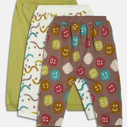 MINI KLUB Cotton Pack Of 3 Smiley Printed & Solid Pants - Multi Colour-image-28