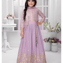 Tiny Kingdom Sequin & Mirror Work Embellished Ethnic Lehenga Choli With Dupatta & Three Fourth Sleeves Jacket - Purple-image-10