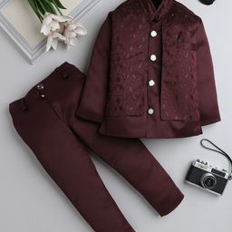 Fourfolds Full Sleeves Abstract Embroidered Sequins Embellished Indo Blazer & Trousers Set - Wine-image-10