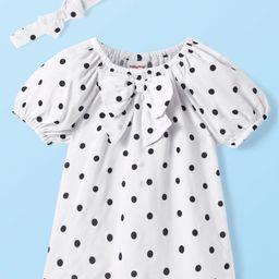 Babyhug Rayon Woven Half Puffed Sleeves Top with Polka Dots Print Bow Applique & Headband - White-image-74