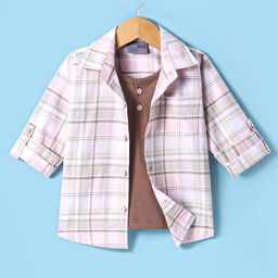 Dapper Dudes Full Sleeves Checked Shirt With Attached Tee - Brown-image-8