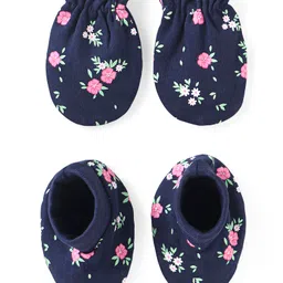 Babyhug 100% Cotton Knit Mittens & Booties with Floral Print - Navy Blue-picture-34