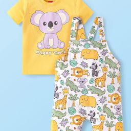 Babyhug Single Jersey Knit Dungaree & Half Sleeves T-Shirt With Animal Print - White & Yellow-image-65