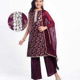 Pine Kids Woven Sleeveless Kurti Salwar Set With Foil Print & Dupatta - Wine-image-78