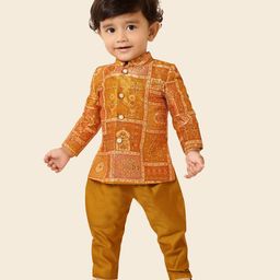 ETHNIKS NEURON Chanderi Silk Full Sleeves Floral Printed Sequins Embellished Kurta Pyjama Set - Mustard-image-28