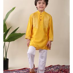 Kinder Kids Cotton Full Sleeves Floral Foil Printed Kurta Pyjama Set - Yellow-image-81