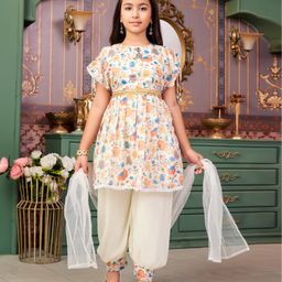 Aarika Georgette Half Sleeves Floral Printed Kurta Salwar With Dupatta Set - Gajri & Cream-image-11
