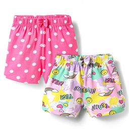 Babyhug Cotton Knit Mid Thigh Polka Dots & Smiley Printed Shorts with Bow Applique Pack of 2 - Dark Pink & White-image-93