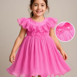 Babyhug Woven Sleeveless Pleated Party Dress With Ruffles And Bow Applique - Dark Pink-image-46