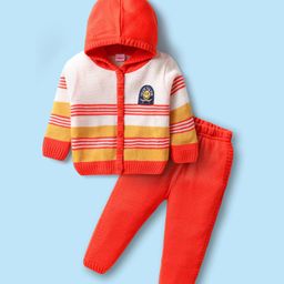 Babyhug Full Sleeves Hooded Front Open Sweater Set With Smiley & Stripe Design - White & Orange-picture-12