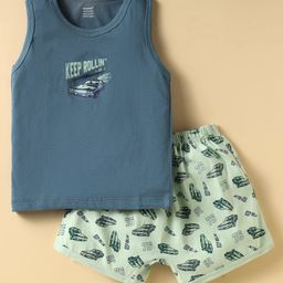 CUCUMBER Sinker Knit Sleeveless Night Suit With Vehicle Print - Light Green-image-96