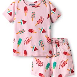 Pine Kids Single Jersey Knit Half Sleeves Shorts Co-Ord Night Suit With Fruit Print - Pink-picture-1