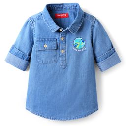 Babyhug 100% Cotton Full Sleeves Denim Shirt with Pockets & Dino Print - Blue-image-90