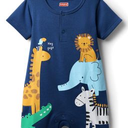Babyhug 100% Cotton Interlock Knit Half Sleeves Romper with Animal Print - Navy Blue-picture-17