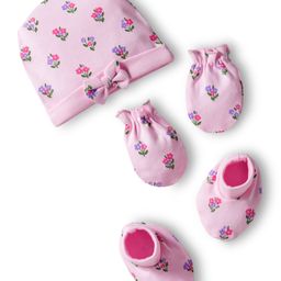 Babyhug 100% Cotton Interlock Knit Cap Mittens & Booties Set With Floral Print Pink - Diameter 10.5 cm-picture-32