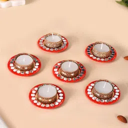 Nestasia Red & Gold Toned 6 Pieces Mirror Embellished Tea Light Candle Holders-image-30
