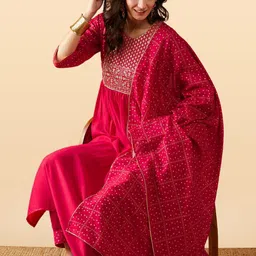 Anouk Rustic Floral Yoke Design Zari Pleated A-Line Kurta With Trousers & With Dupatta image 3